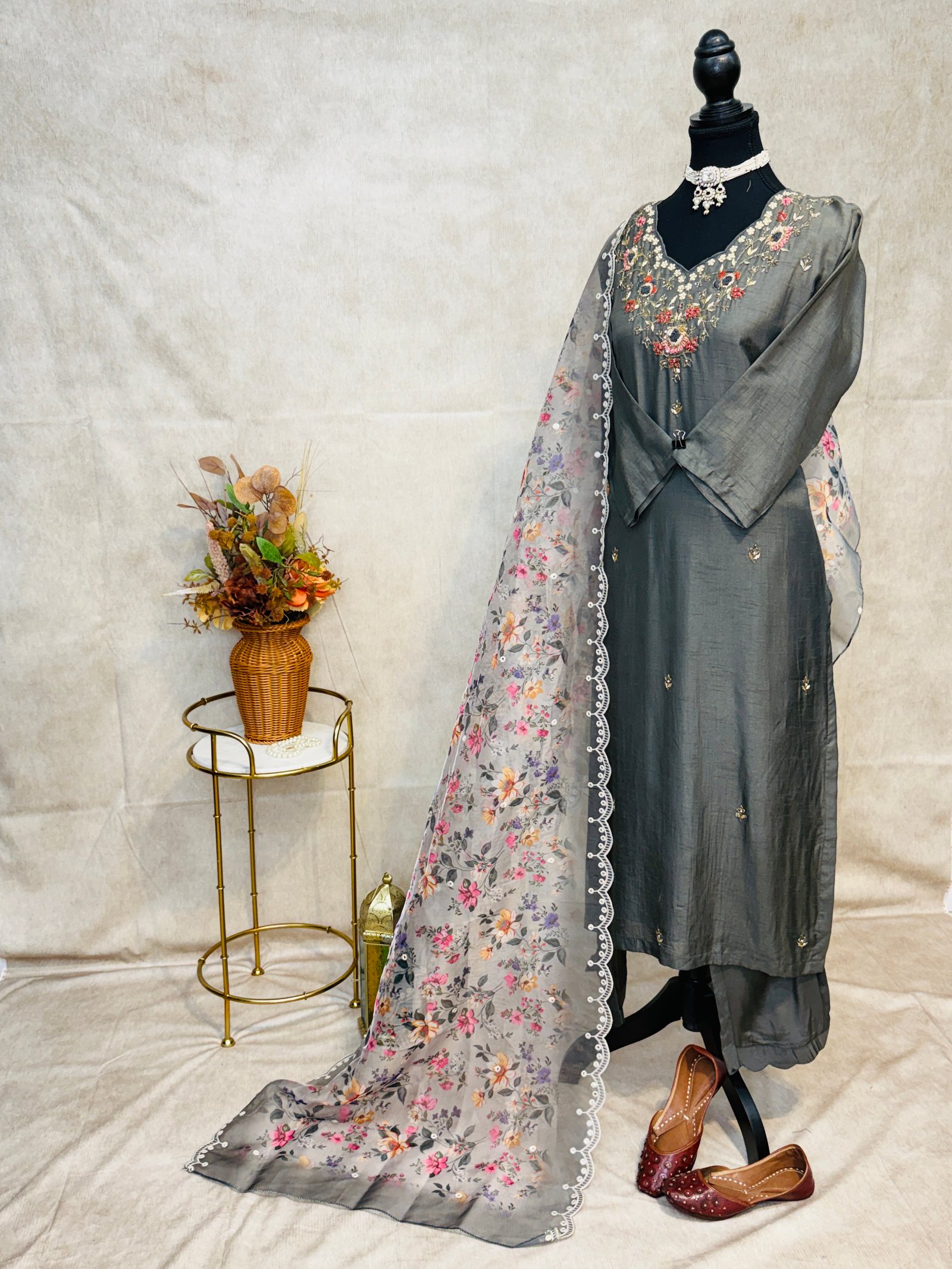 Elegant Charcoal Grey Dola Silk Floral Embroidered 3-Piece Suit